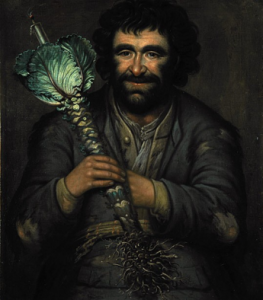 Entitled “The Cromartie Fool”by Richard Waitt, this portrait depicts the jester of a Scottish laird who presided over Halloween festivities. After men and women pulled out the stalks of kale, they would make torches out of them by placing candles at the top. This portrait is displayed in the National Galleries of Scotland.